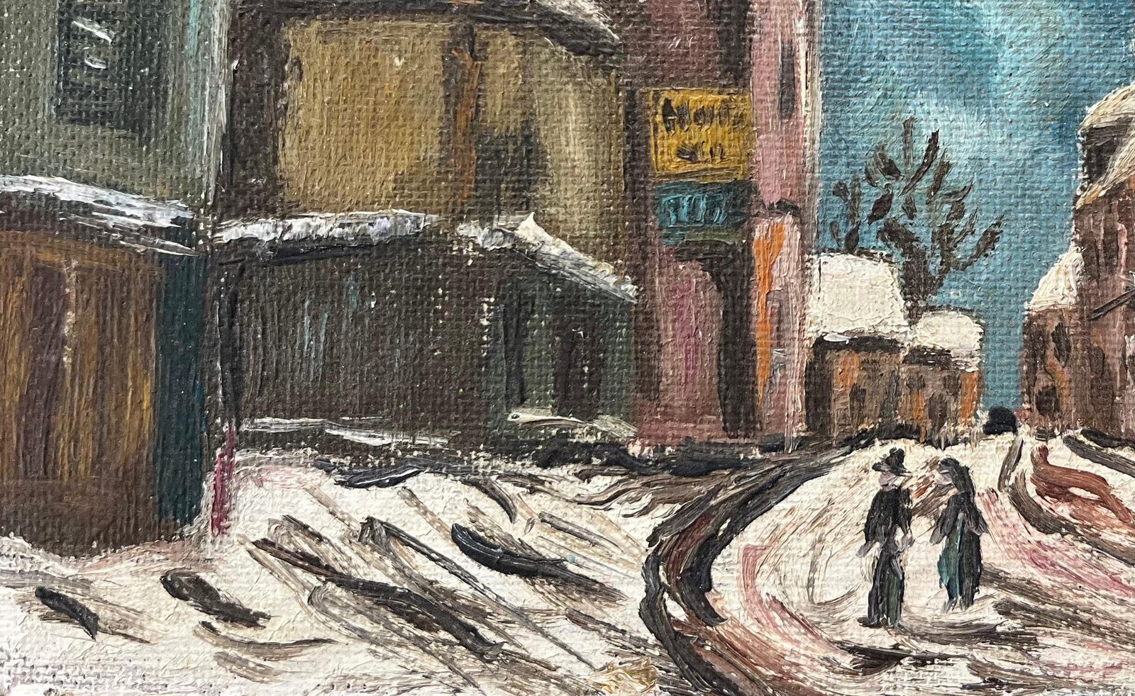 Fanch Lelfrench Impressionist Oil Painting Of Figures Walking In Snowy Townscape At Dusk photo Art