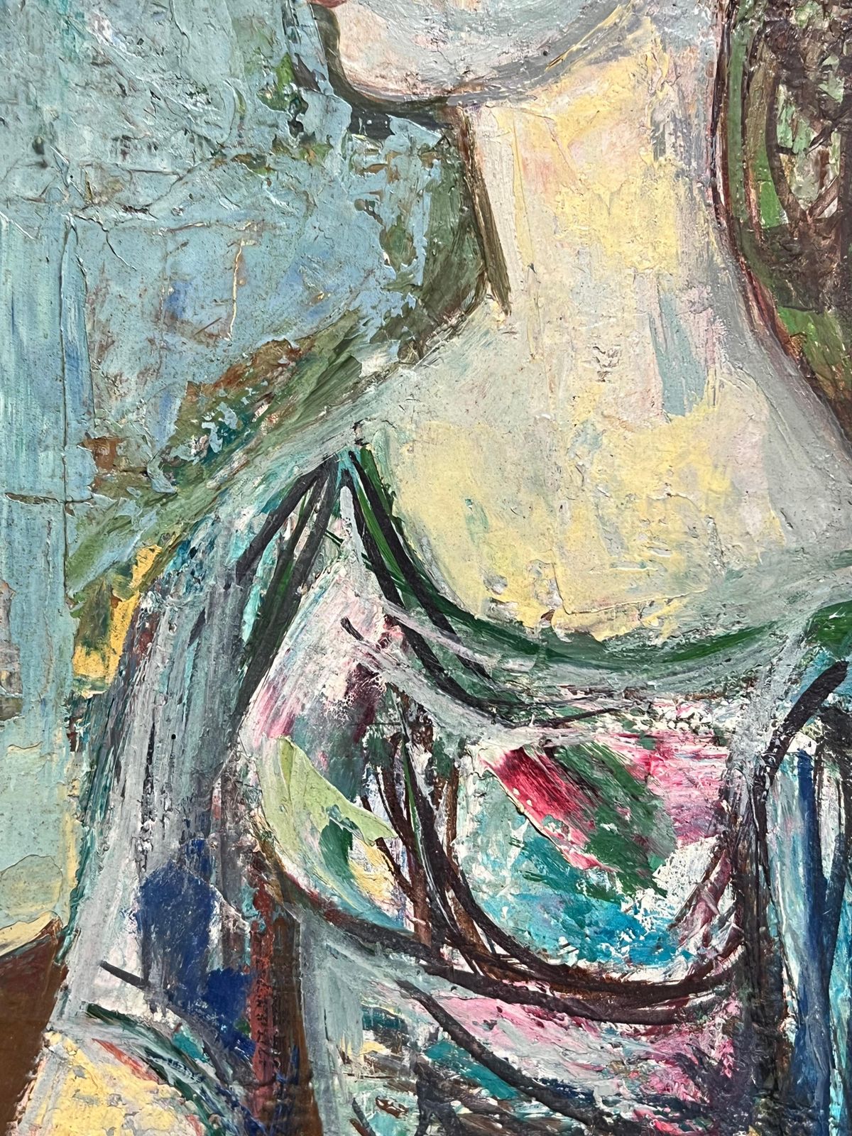 L Bernard1950's French Modernist Portrait Of Woman By The Window Textured Oil Paintingmid 20th Century photo Art