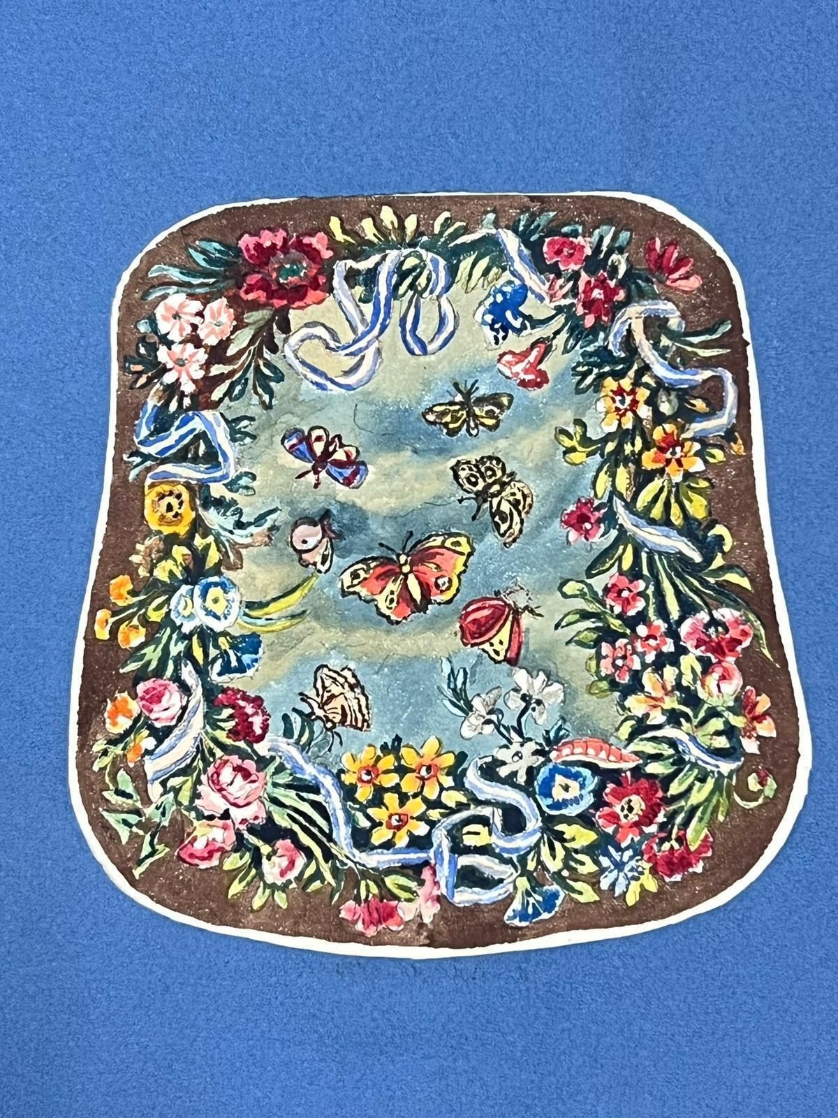 French Schoolpair Of Rococo Inspired Watercolors Featuring Ornate Floral Wreaths Butterfliesearly 19th Century photo furniture