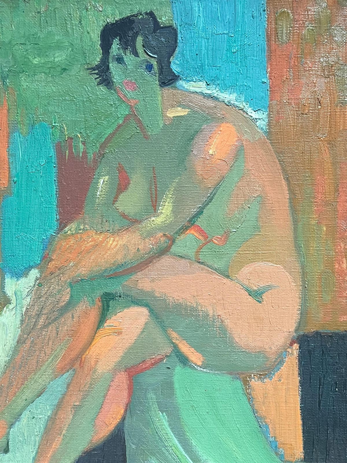 Therese Hummelmid 20th Century French Oil Painting Cubist Portrait Of Nude Lady1950 photo for sale