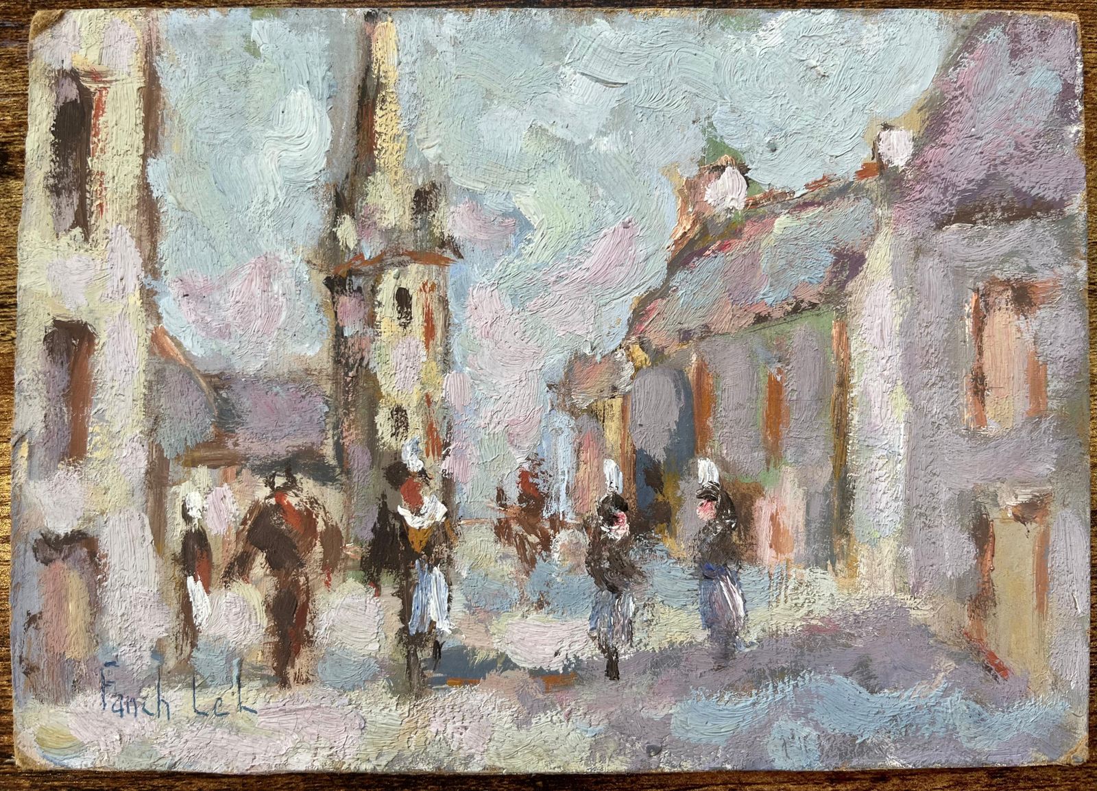 Fanch Lelfrench Impressionist Oil Painting Of Village Street Scene With Figures1997 photo for sale