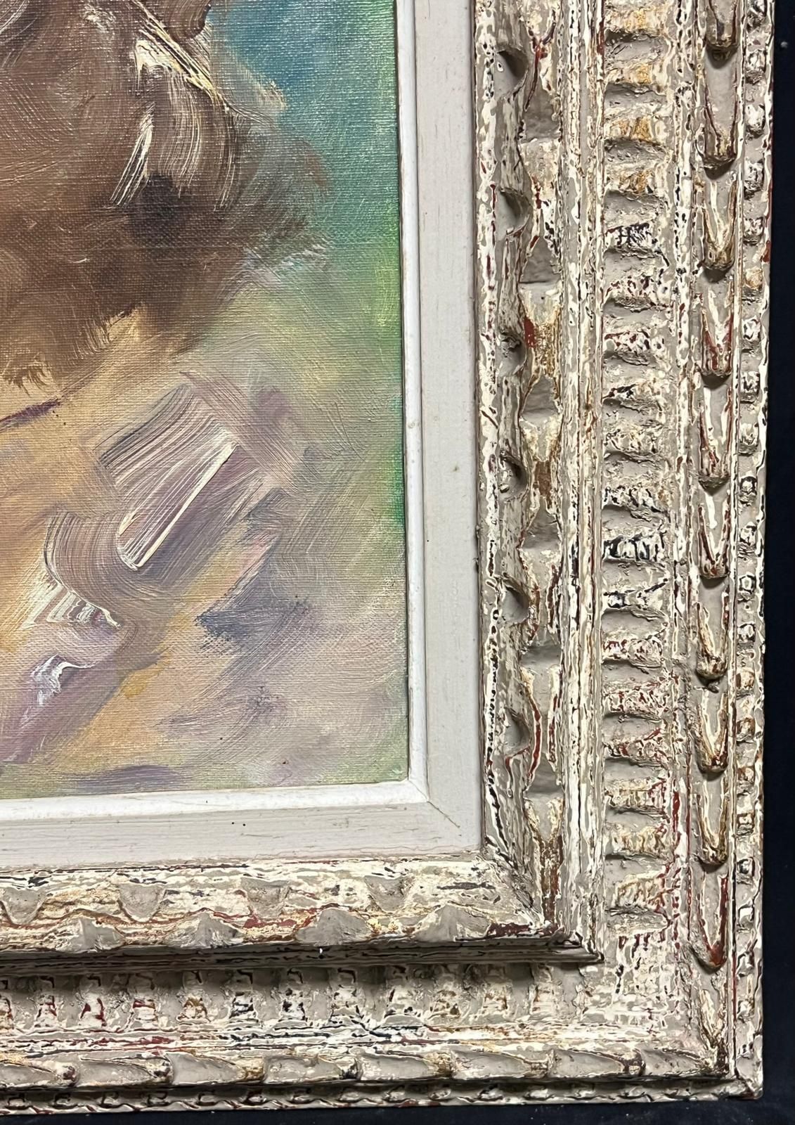 French Mid 20th1950's French Oil Elegant Portrait Of A Woman With Floral Accents In Bonnetmid 20th Century photo for sale