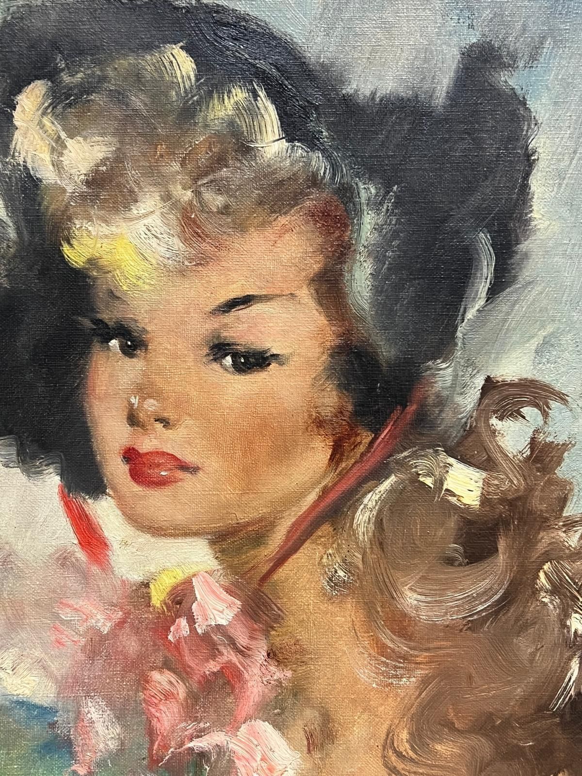 French Mid 20th1950's French Oil Elegant Portrait Of A Woman With Floral Accents In Bonnetmid 20th Century photo vinterior