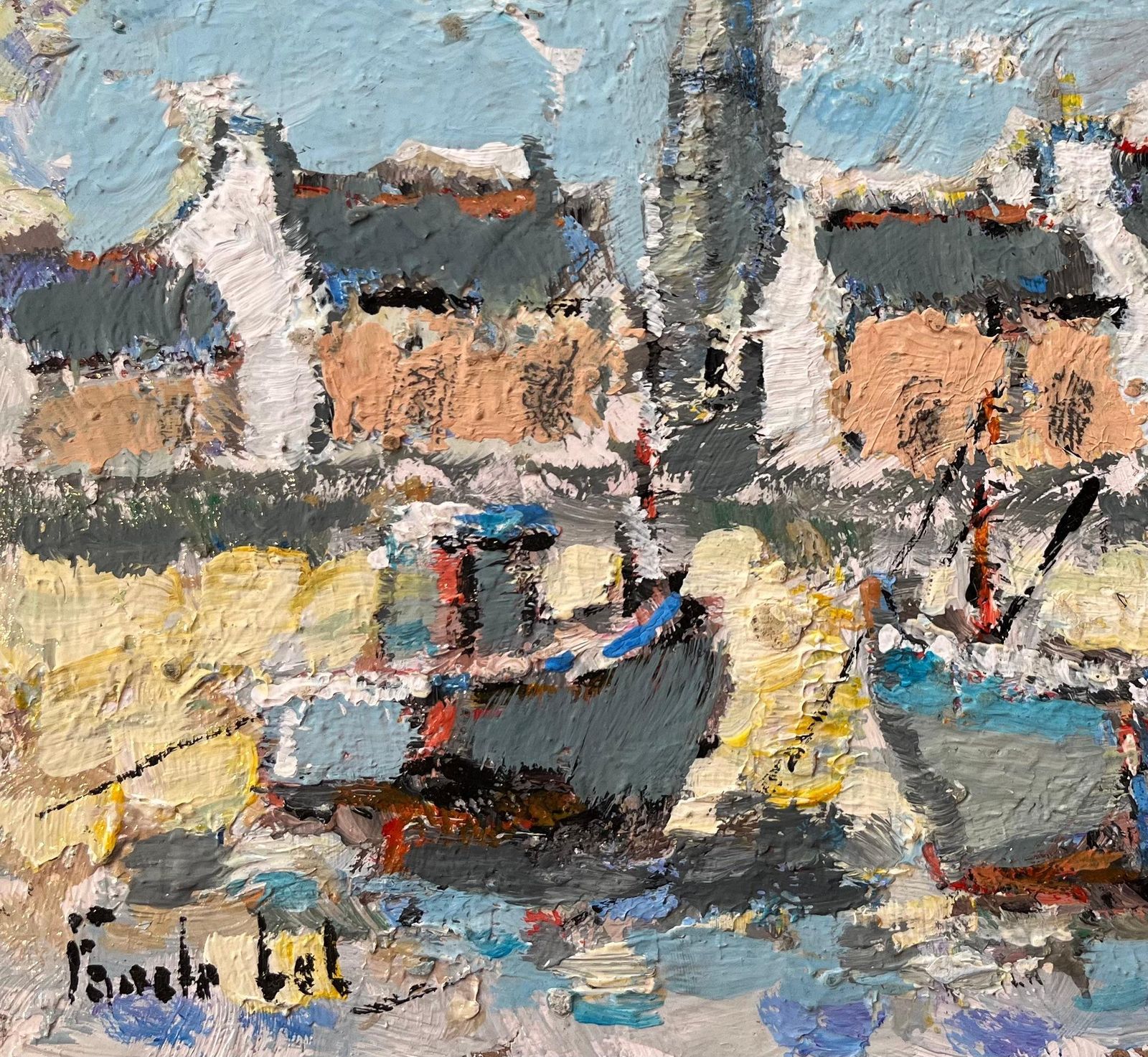 Fanch Lelfrench Impressionist Oil Painting Of Fishing Boats By The Village Shore photo 483.0