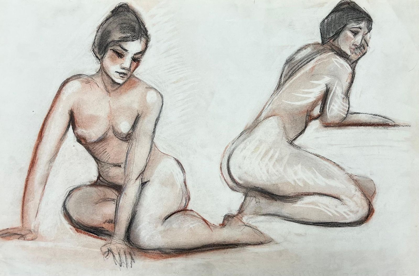 Dagmar Web1960's Original French Pastel Sketch Expressive Dual Seated Nude Models1960's