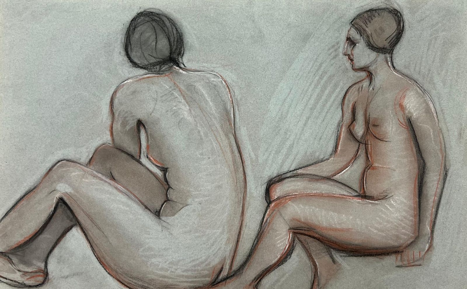 Dagmar Web1960's Original French Pastel Sketch Dual Seated Nude Models1960's