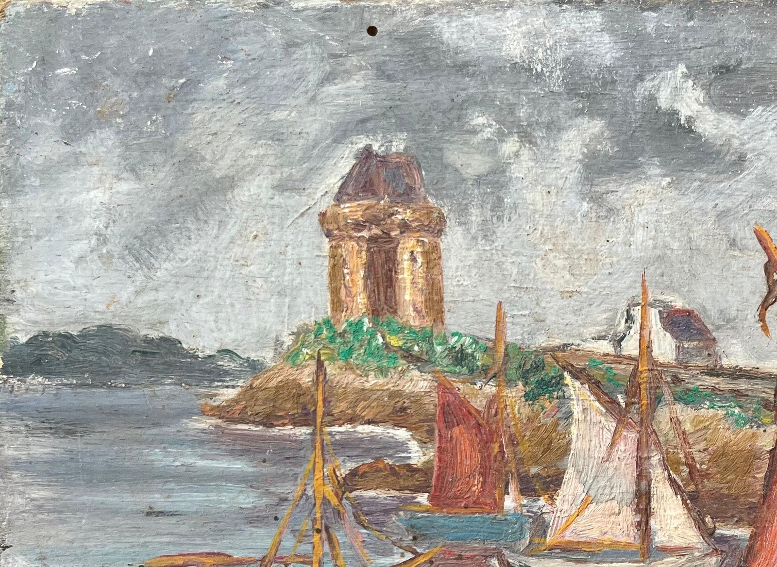 Fanch Lelfrench Impressionist Oil Painting Of Boats Anchored By A Tower On A Cloudy Day photo 433.0
