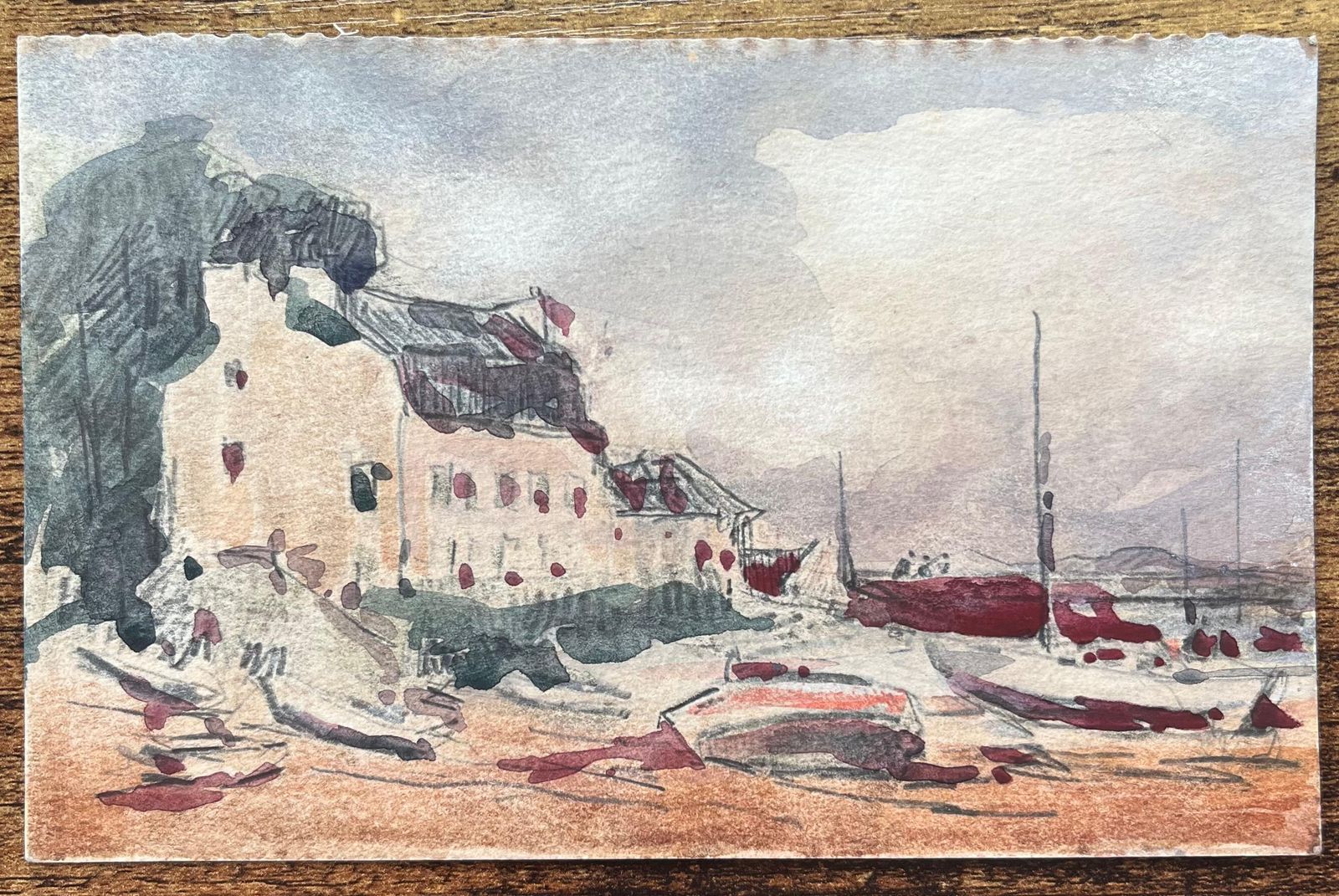 Maurice Mazeiliefrench Impressionist Watercolor Of Coastal Village With Boats At Low Tide photo furniture