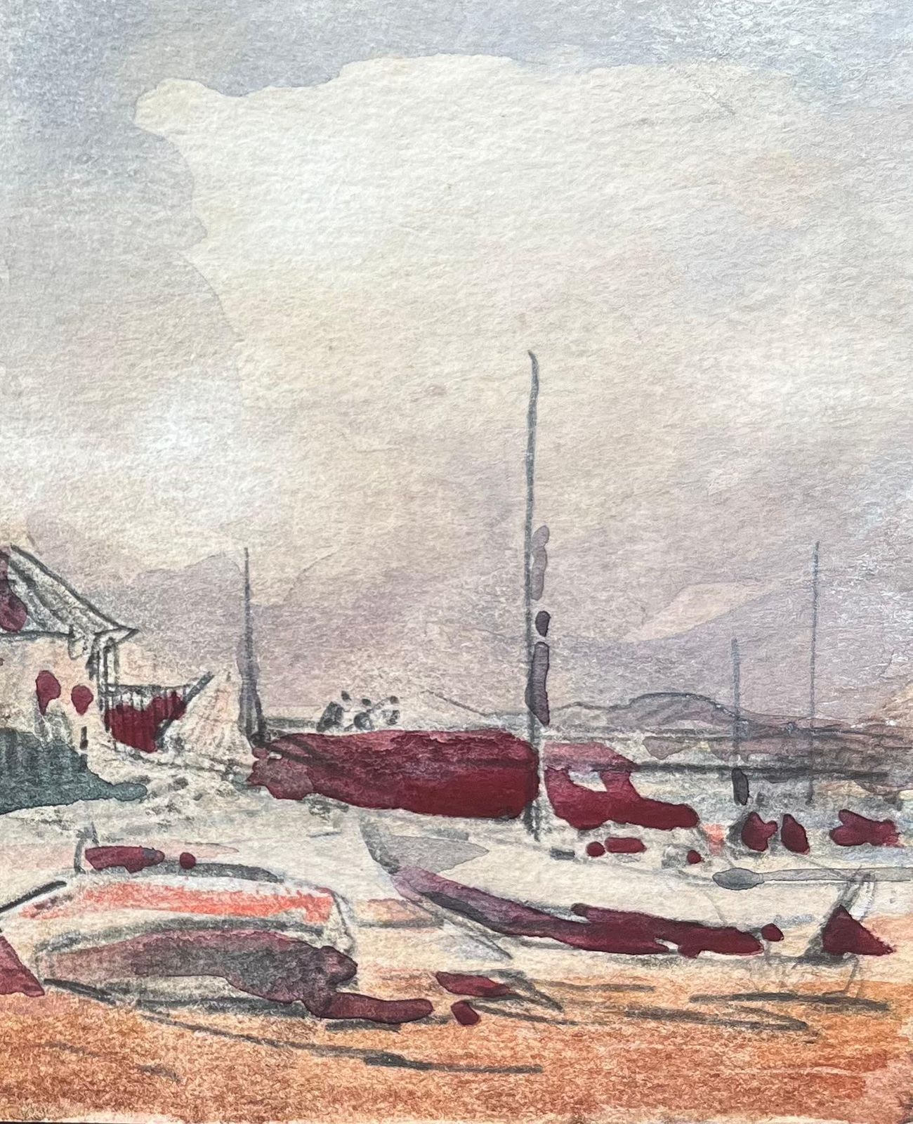 Maurice Mazeiliefrench Impressionist Watercolor Of Coastal Village With Boats At Low Tide photo for sale