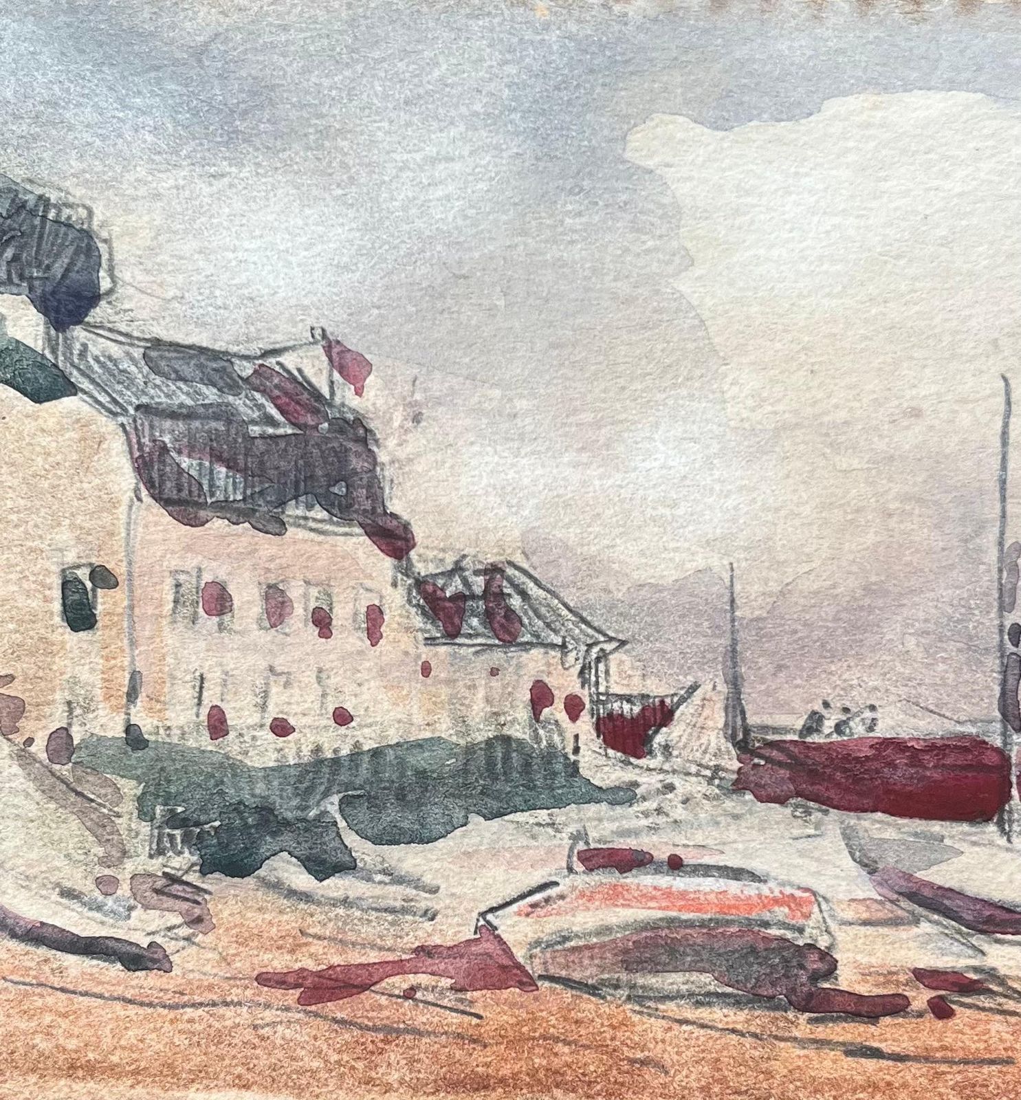 Maurice Mazeiliefrench Impressionist Watercolor Of Coastal Village With Boats At Low Tide photo Art