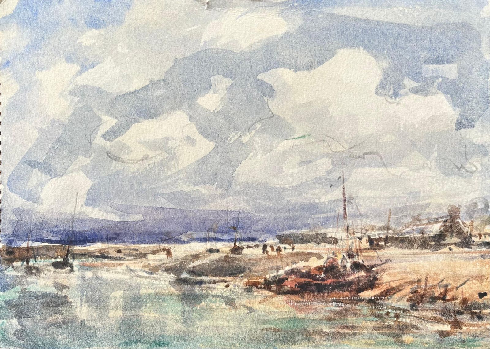 Maurice Mazeiliefrench Impressionist Watercolor Of A Harbor Scene With Boats Moored On The Shore