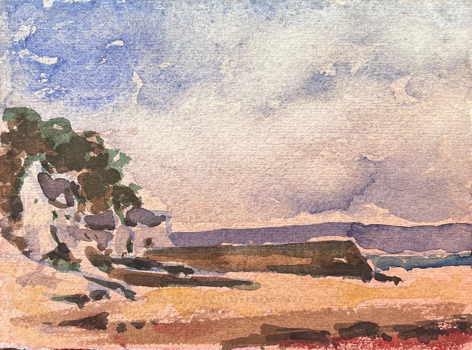 Maurice Mazeiliefrench Impressionist Watercolor Of Coastal Village With Bay At Low Tide