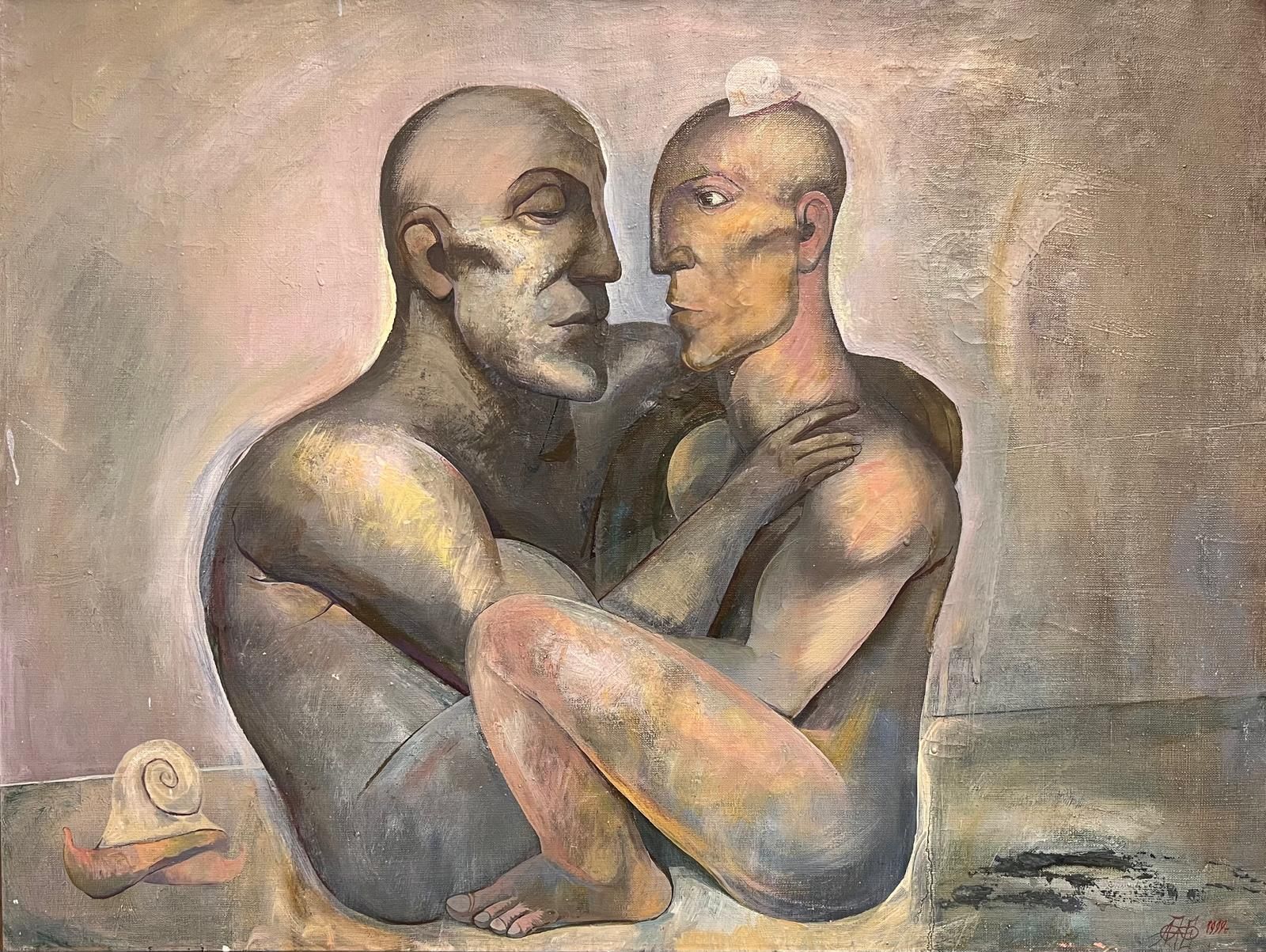 Russian Schoolrussian Modernist 20th Century Oil Painting Male Nudes In Embrace Abstractmid 20th Century