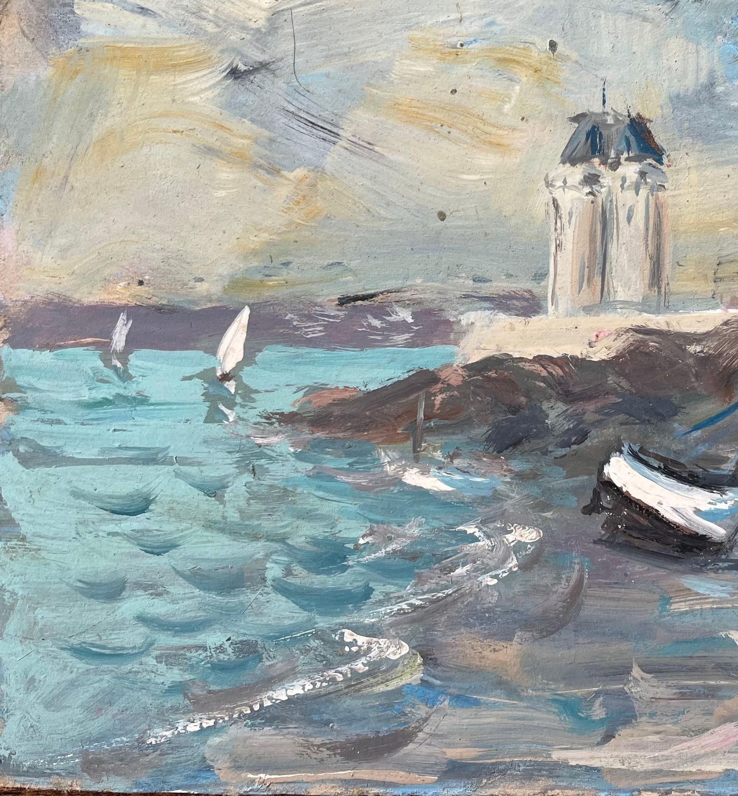 Fanch Lelfrench Impressionist Oil Painting Of A Lighthouse Perched On A Rocky Outcrop photo vinterior