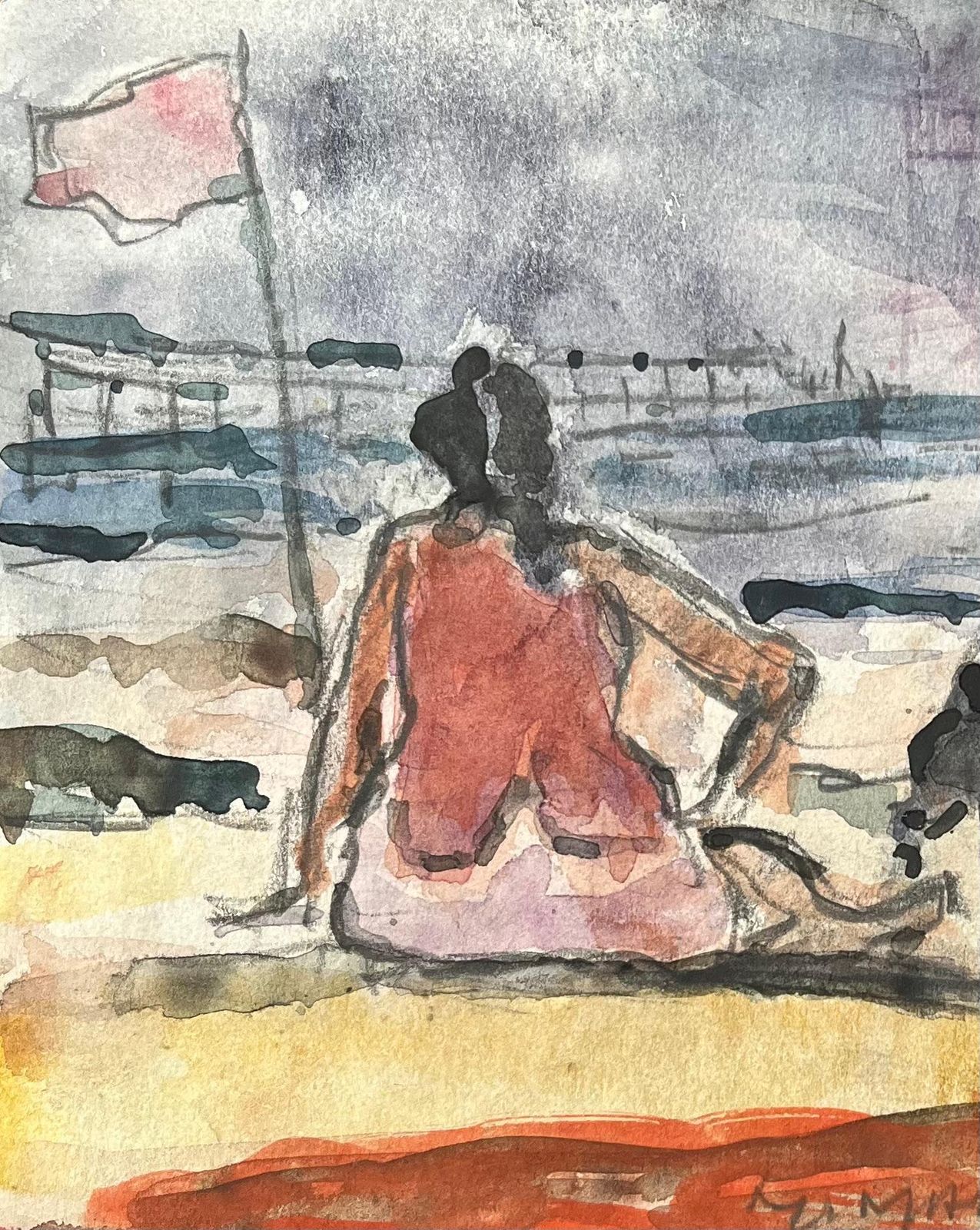 Maurice Mazeiliefrench Impressionist Watercolor Of A Beach Scene With Figures And Dog2019 photo for sale