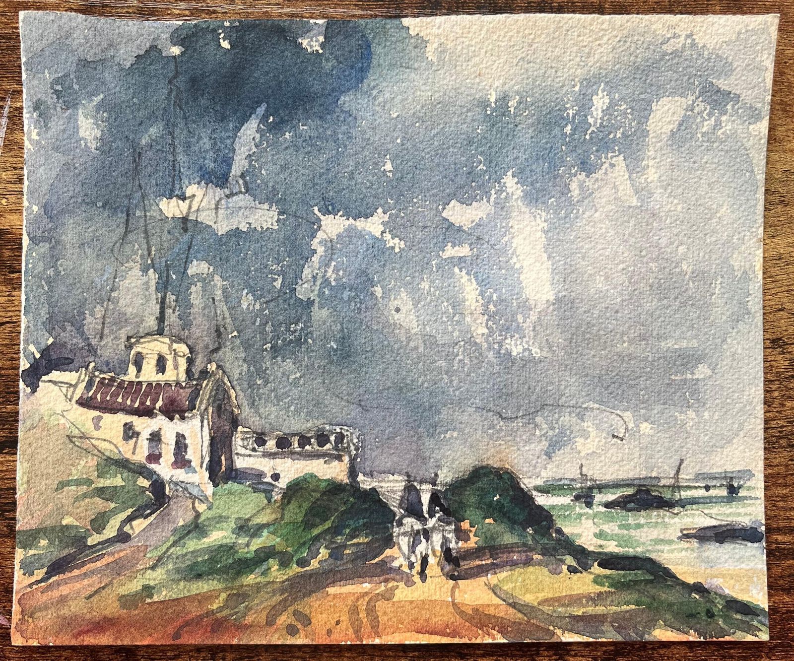 Maurice Mazeiliefrench Impressionist Watercolor Of Coastal Lane With Riders And Buildings photo furniture