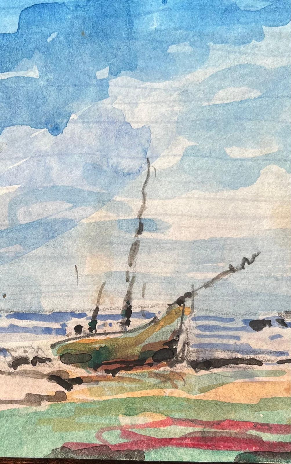 Maurice Mazeiliefrench Impressionist Watercolor Of Beach Scene With Lone Boat photo Art