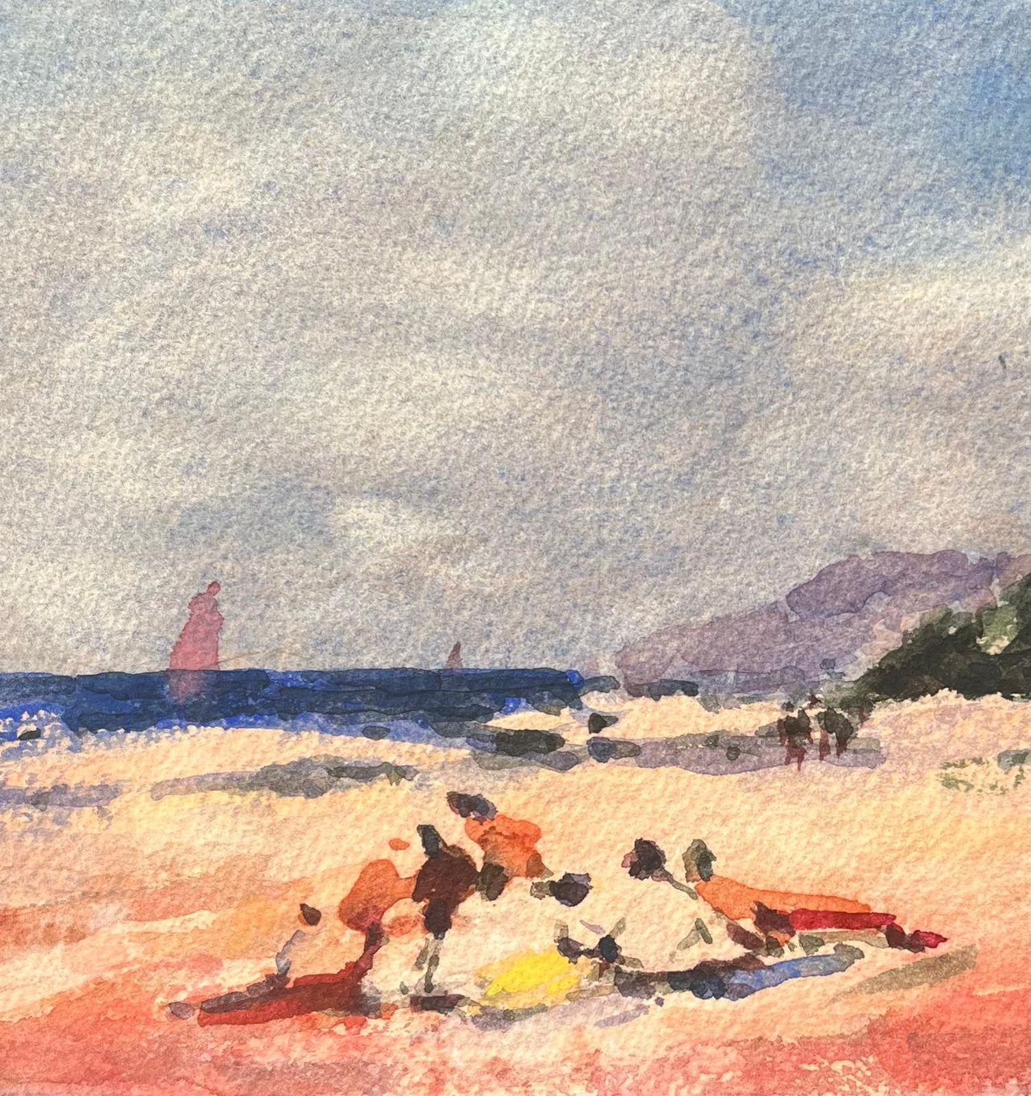 Maurice Mazeiliefrench Impressionist Watercolor Of Figures Relaxing On A Beach photo for sale
