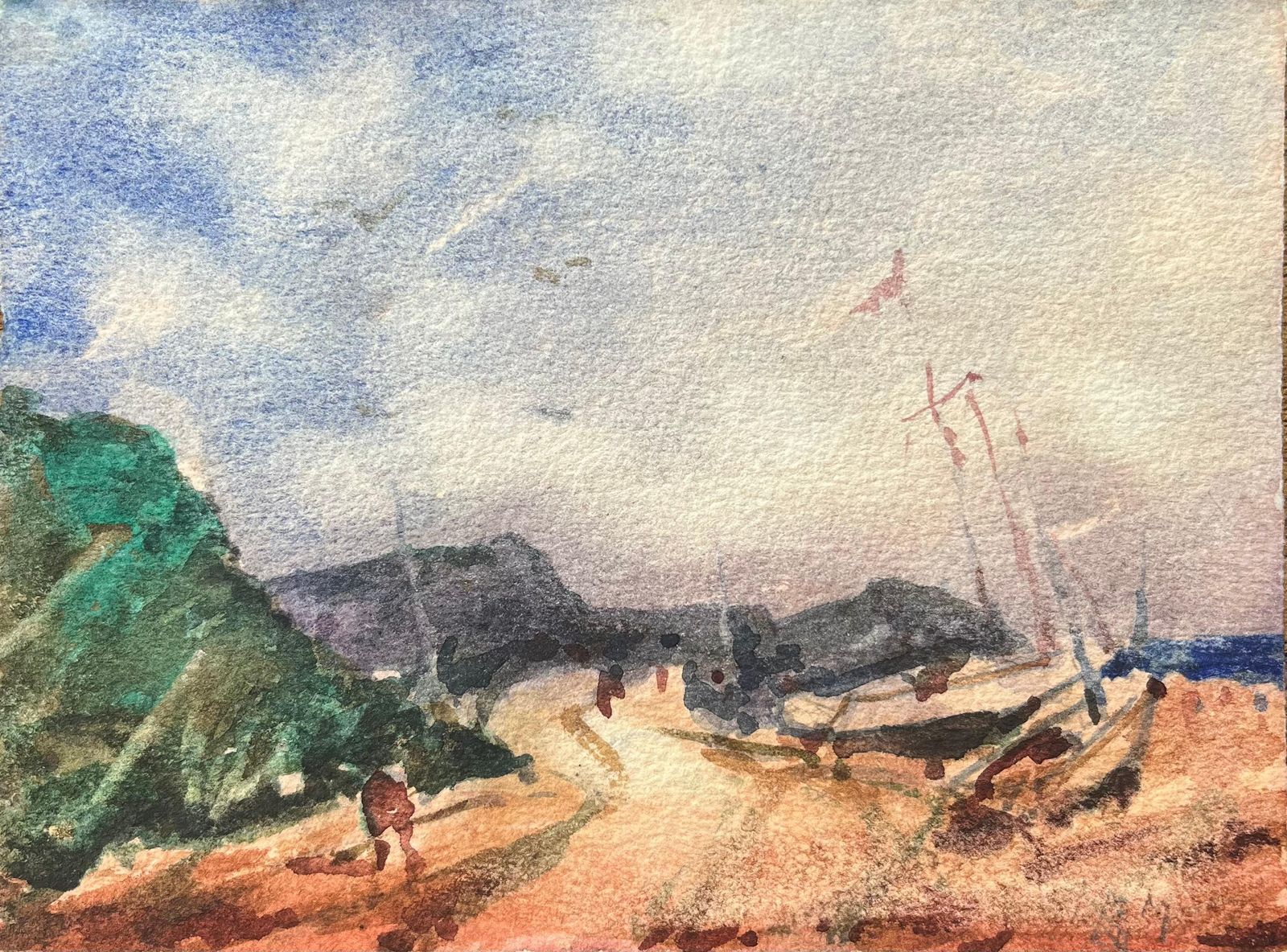 Maurice Mazeiliefrench Impressionist Watercolor Of Coastal Path With Beached Boats