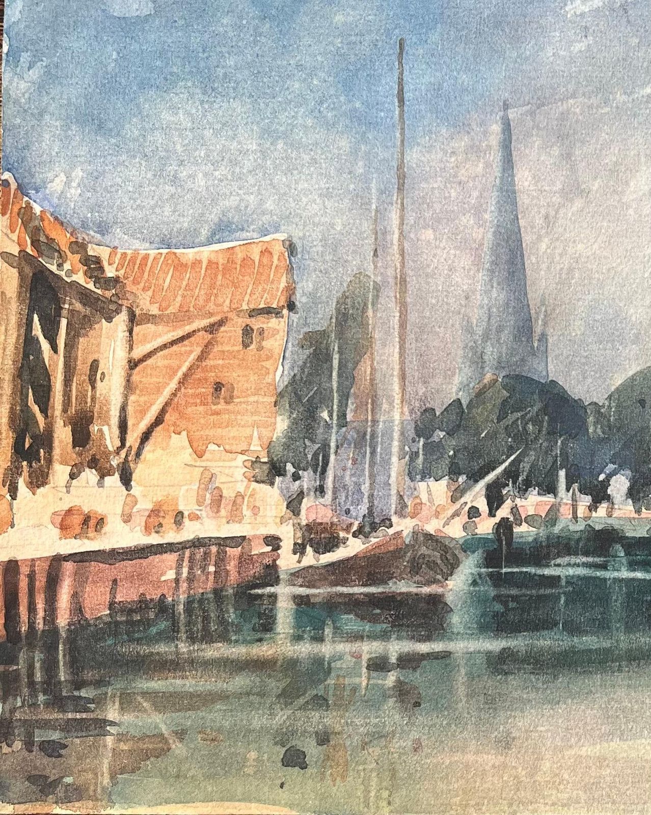 Maurice Mazeiliefrench Impressionist Watercolor Of A Riverside Scene With Cathedral Spire photo for sale