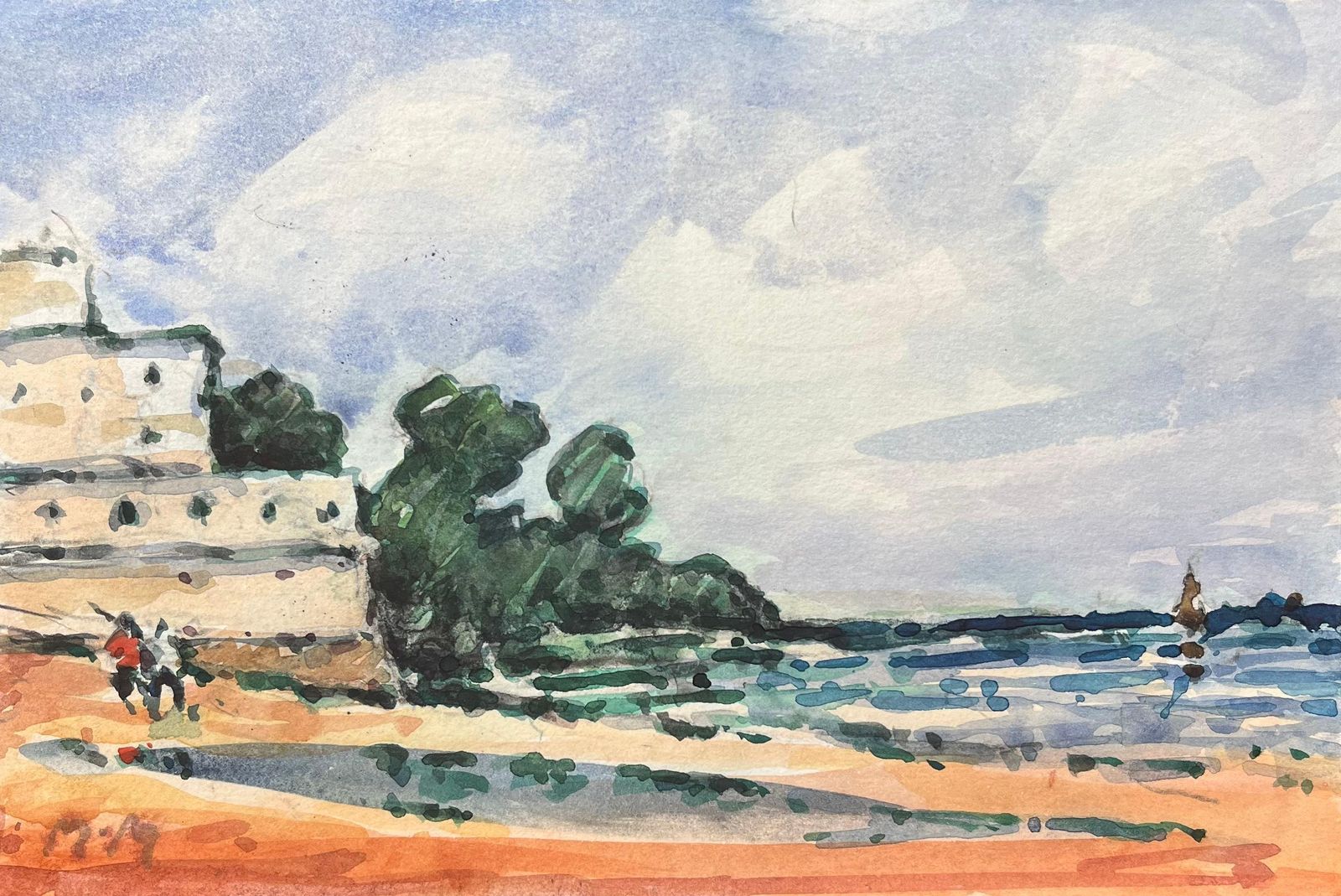 Maurice Mazeiliefrench Impressionist Watercolor Of Seaside View With Trees And Figures