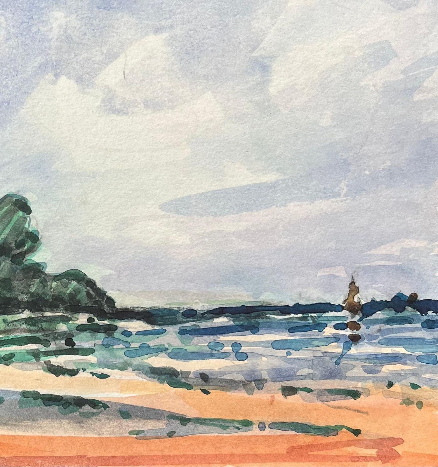 Maurice Mazeiliefrench Impressionist Watercolor Of Seaside View With Trees And Figures photo for sale