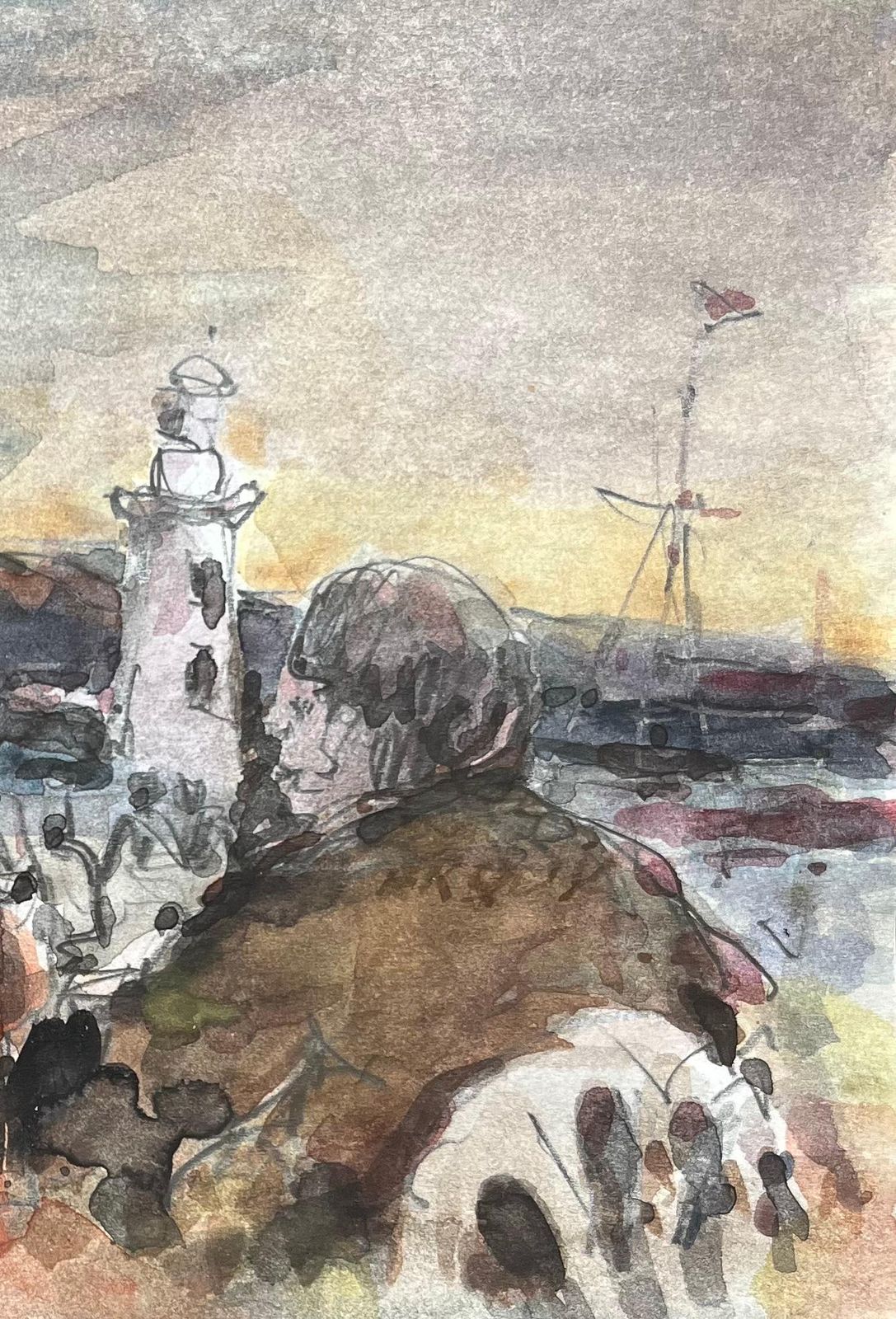 Maurice Mazeiliefrench Impressionist Watercolor Of Figures By The Lighthouse At Sunset photo Art