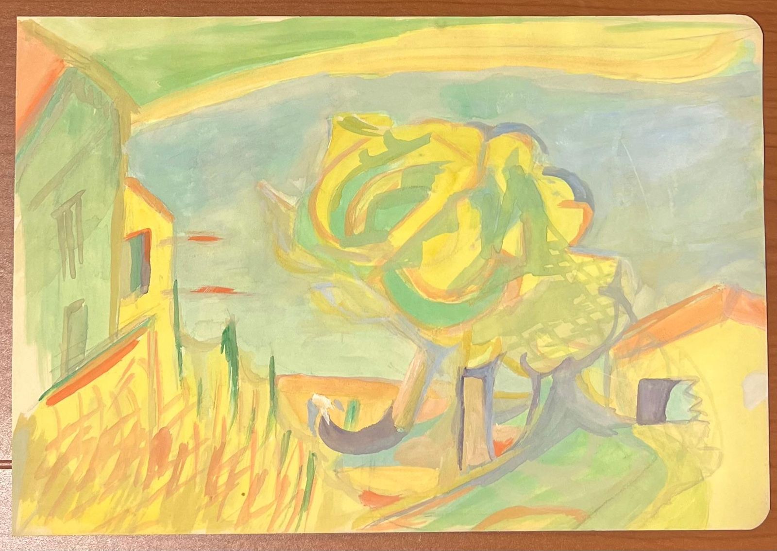 Suzanne Vattiervibrant Abstract Landscape With Yellow And Green Tones Featuring Swirling Tree1970's photo furniture