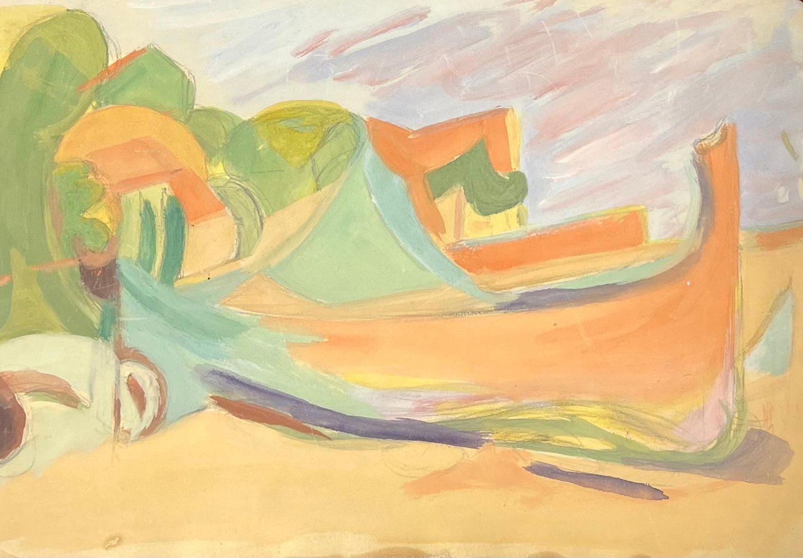 Suzanne Vattierfrench Abstract Coastal Boat Composition With Pastel Tones And Fluid Forms1970's