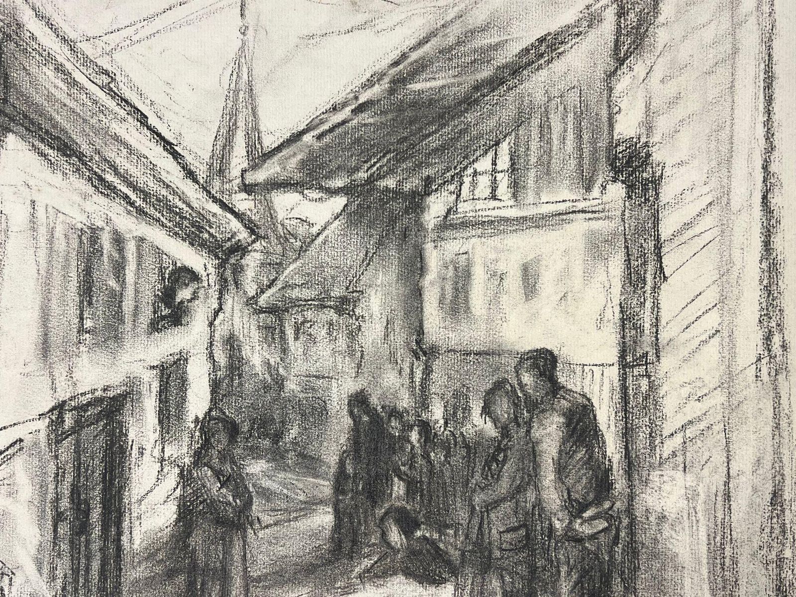French Schoolvillage Gathering Charcoal Sketch Of A Quaint European Street Scene With Figuresmid 20th Century photo 402.0