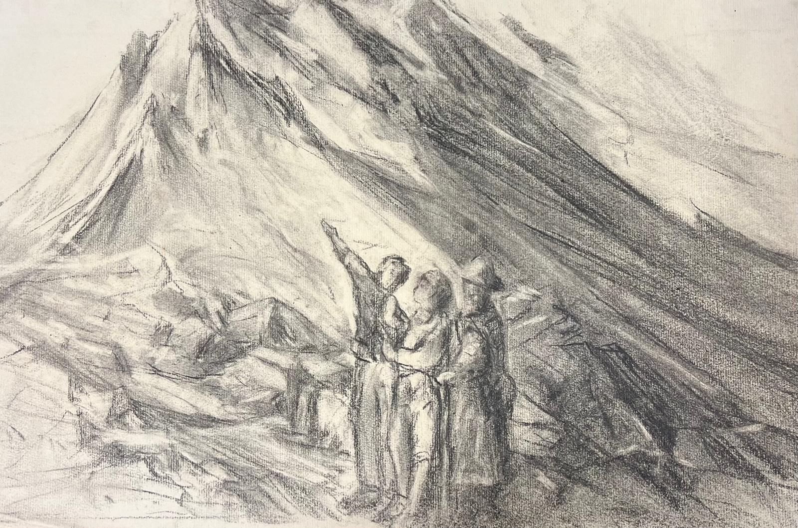 French Schoolexplorers In The Mountains Evocative Charcoal Sketch Depicting An Alpine Scenemid 20th Century photo vinterior