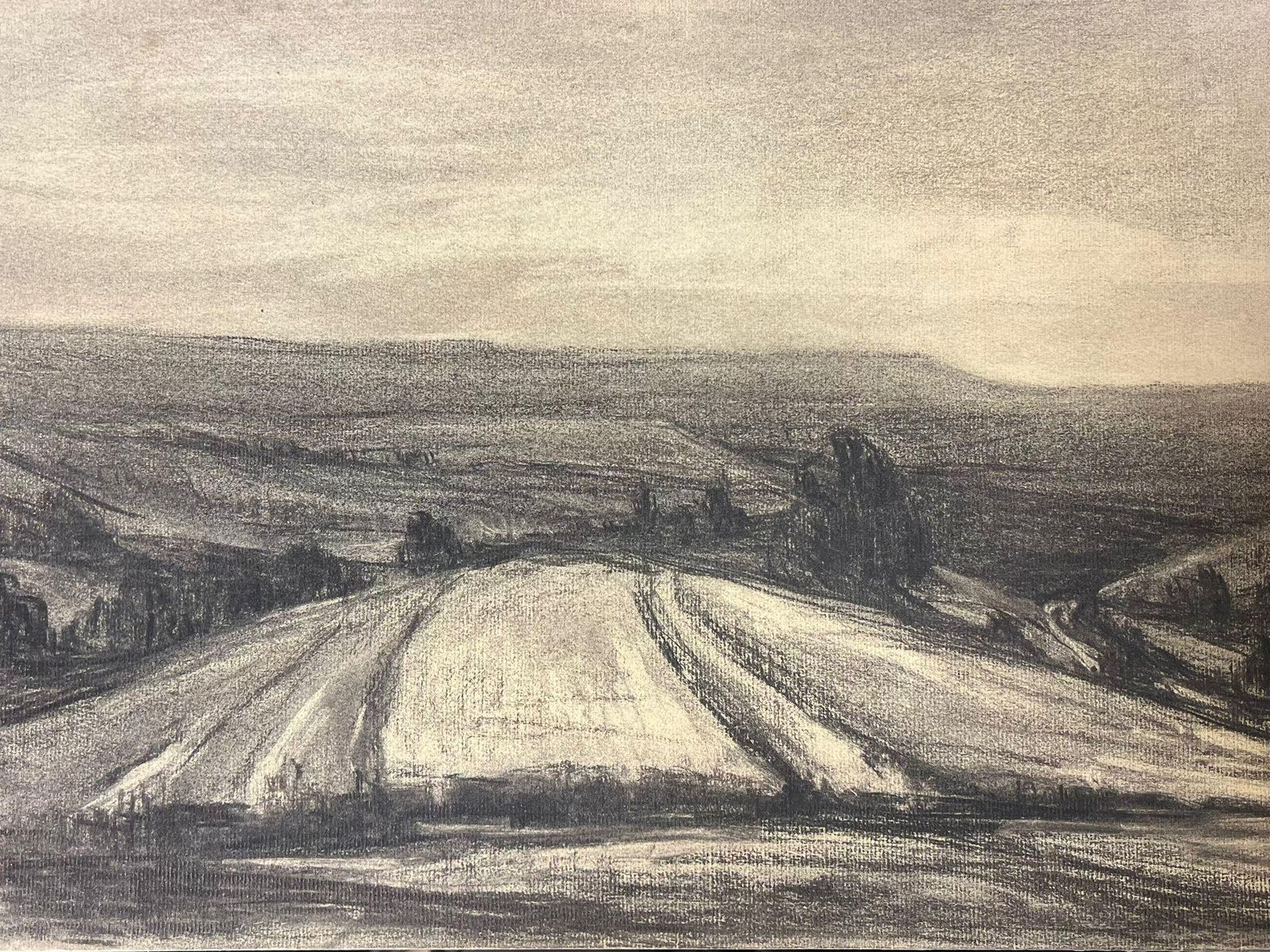 French Schoolvast Countryside View Charcoal Landscape Sketch With Rolling Fields Distant Hillmid 20th Century
