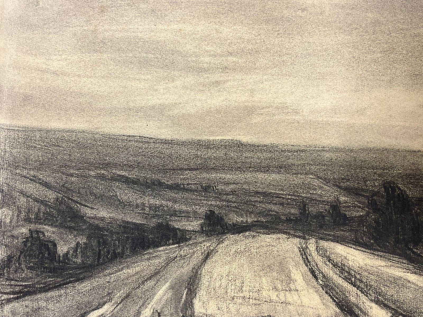 French Schoolvast Countryside View Charcoal Landscape Sketch With Rolling Fields Distant Hillmid 20th Century photo vinterior