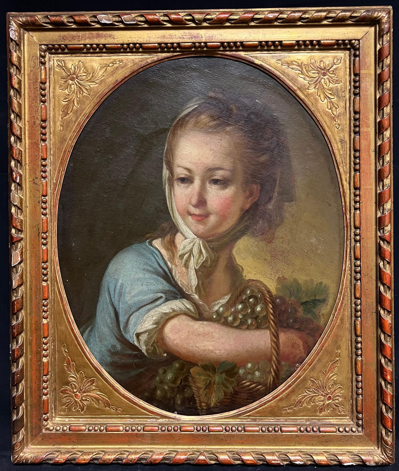 French Schoolfrench Rococo 18th Century Portrait Of Young Girl With Grapes Oval Oil Painting18th