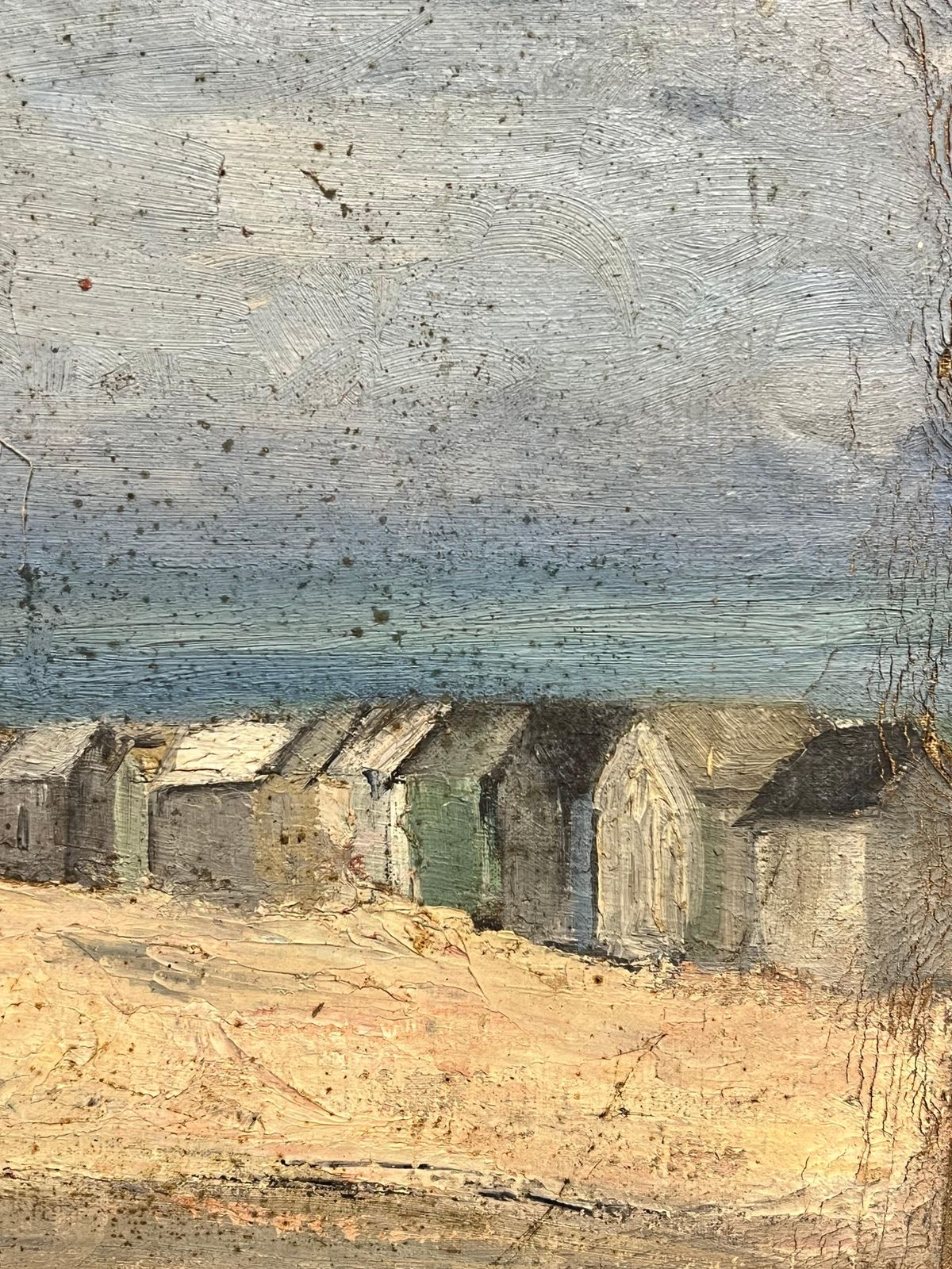 Simone Forgevintage Coastal Scene With Weathered Beach Huts Along A Sandy Shoreline19th Century photo for sale