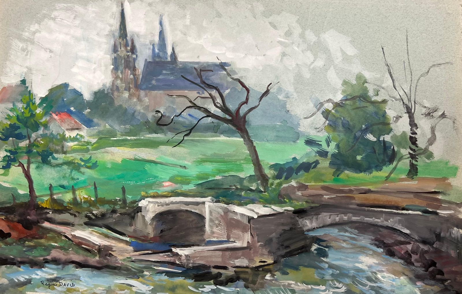 Regine Davidlandscape Of A French Countryside With Stone Bridge And Cathedral In Distance1950's