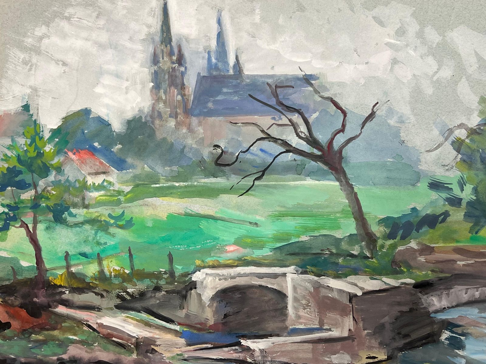 Regine Davidlandscape Of A French Countryside With Stone Bridge And Cathedral In Distance1950's photo for sale
