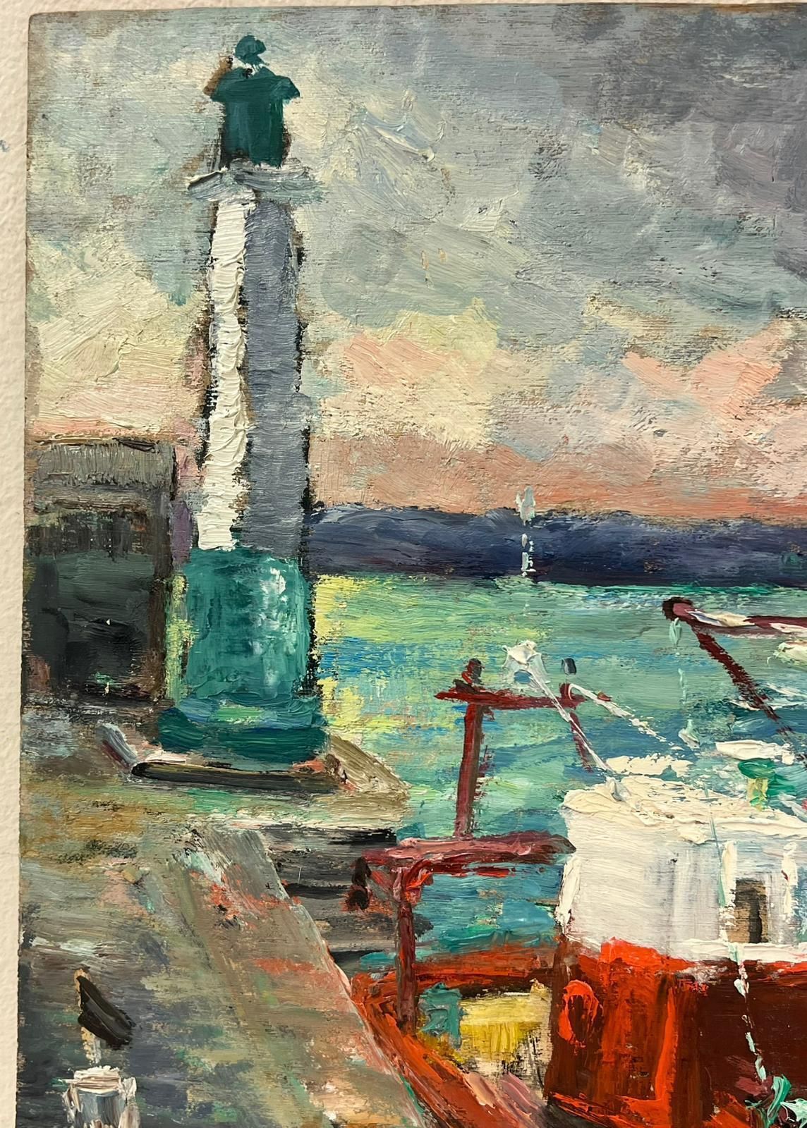 Regine Davidvibrant Coastal Scene Of A Fishing Boat Docked By A Lighthouse French Landscape1950's photo Art