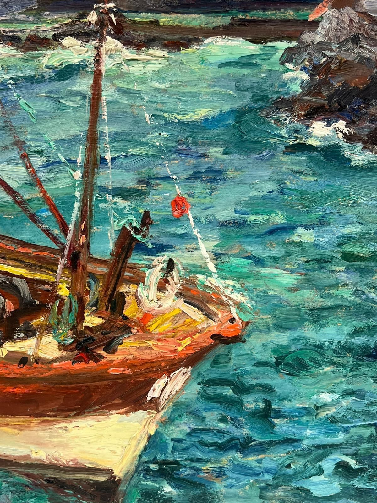 Regine Davidvibrant Coastal Scene Of A Fishing Boat Docked By A Lighthouse French Landscape1950's photo 585.0