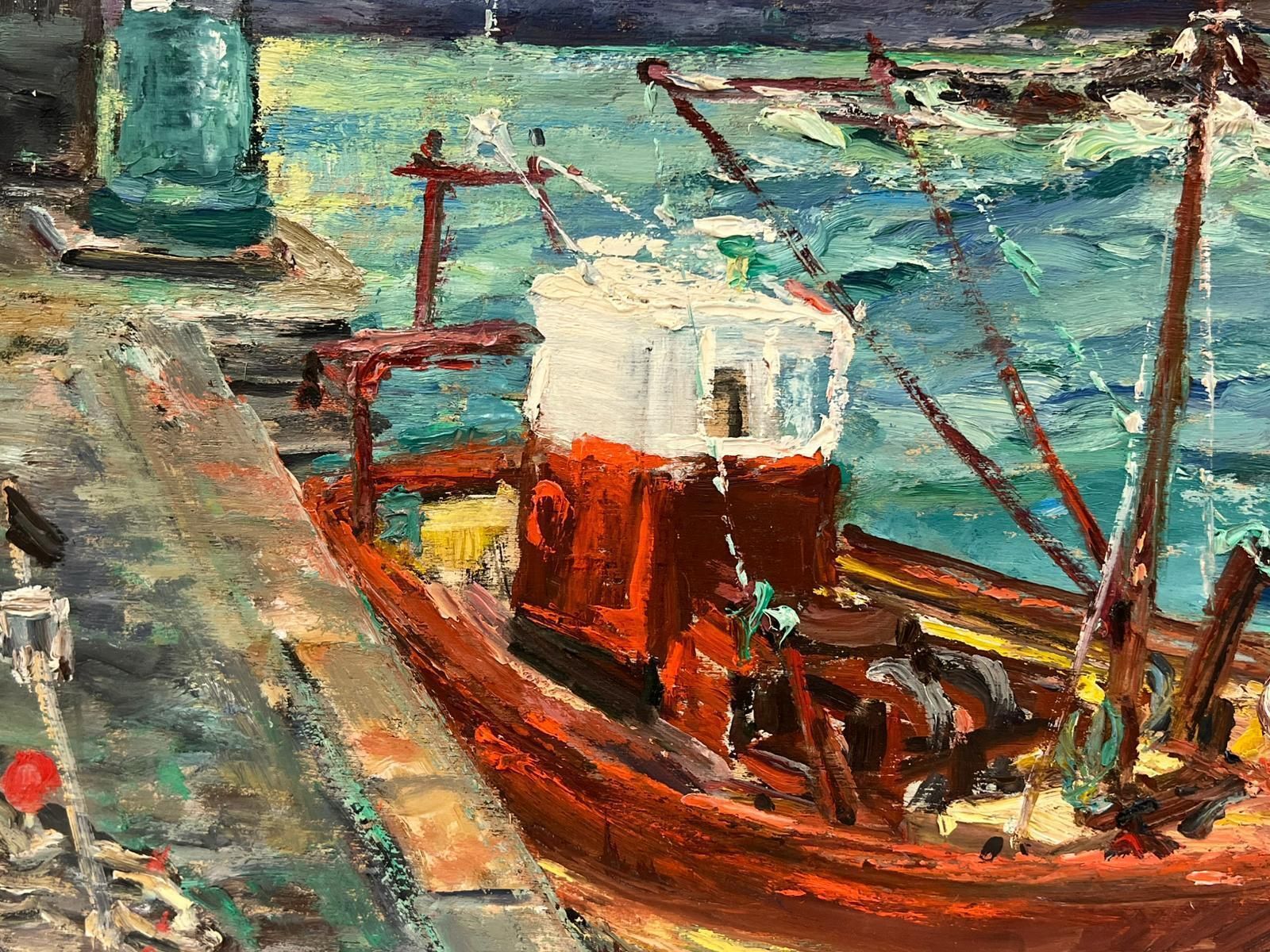 Regine Davidvibrant Coastal Scene Of A Fishing Boat Docked By A Lighthouse French Landscape1950's photo buy