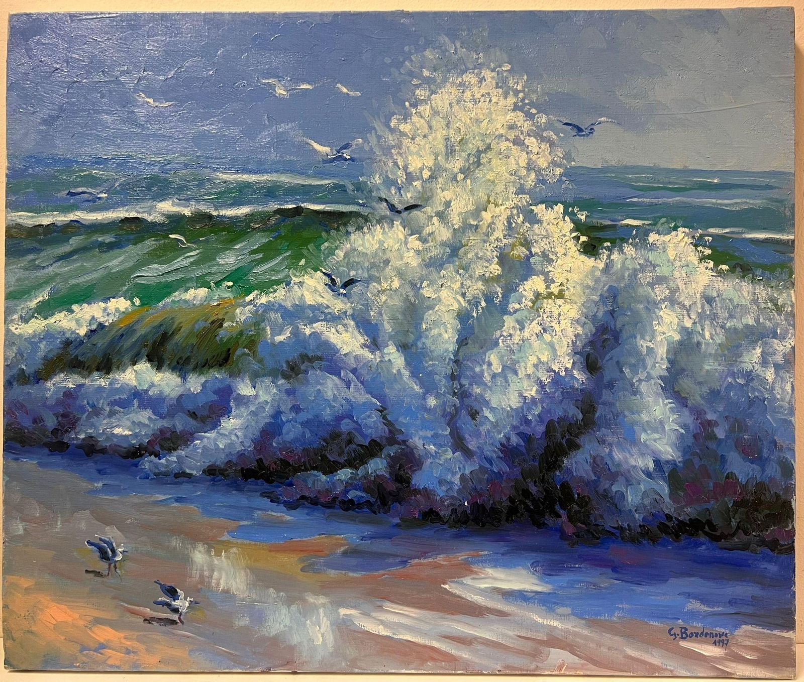 Georges Bordonovecoastal Scene With Crashing Waves Seagulls In Flight And Vibrant Ocean Colors1997 photo furniture