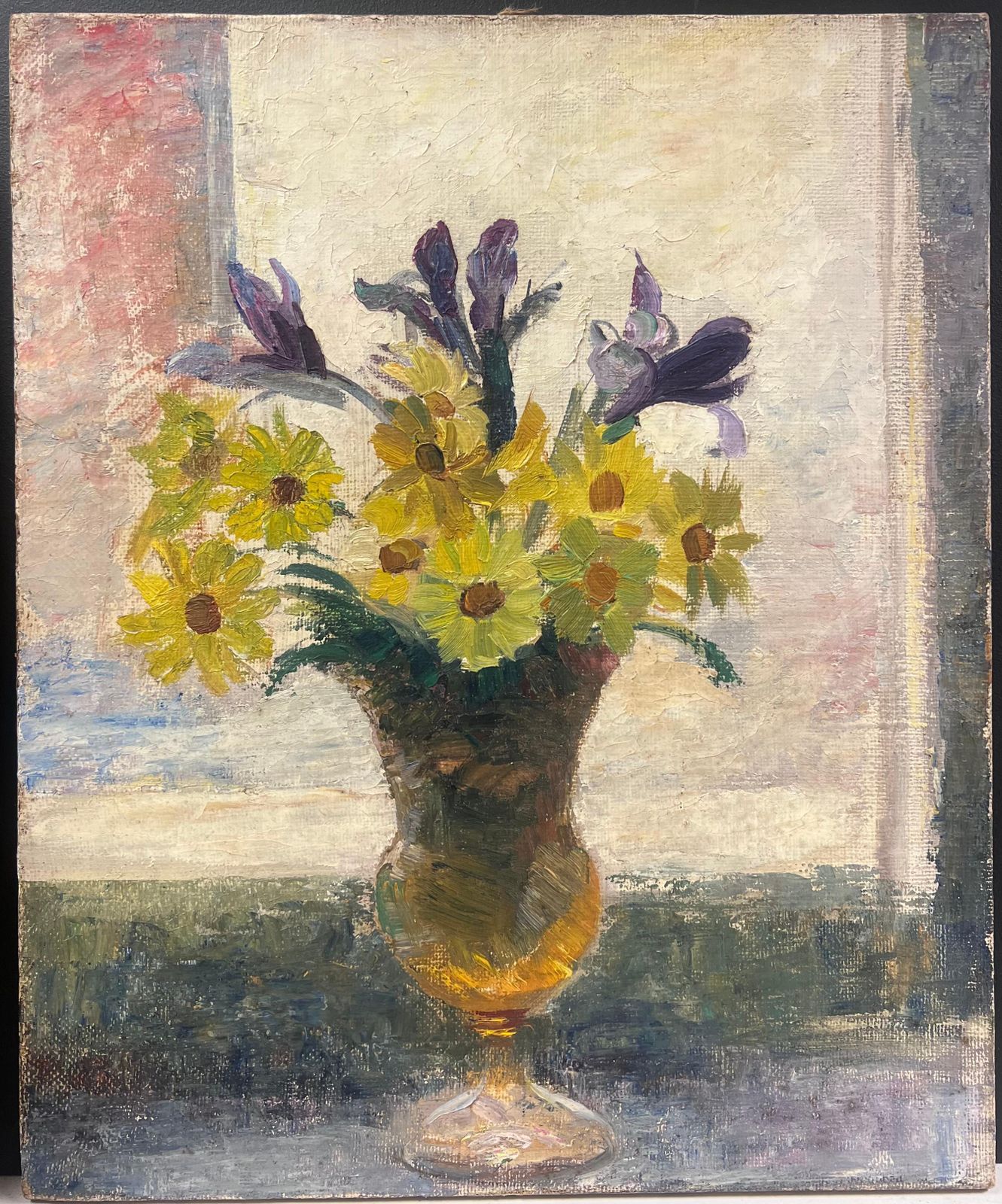 Simone Forge1930's French Oil Bright Still Life Yellow Daisies Purple Irises In A Glass Vase photo furniture