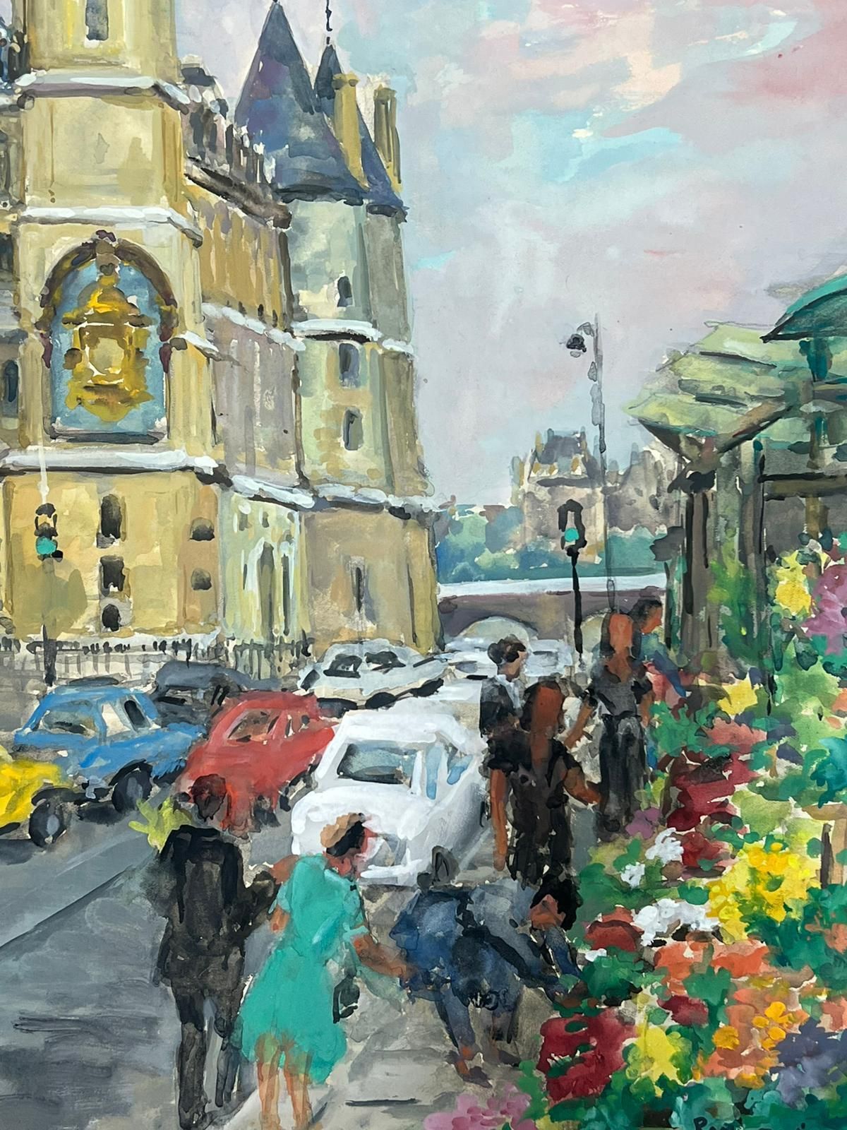 Regine Davidcharming Parisian Street Scene With Flower Market And Historic Architecture1950's photo for sale