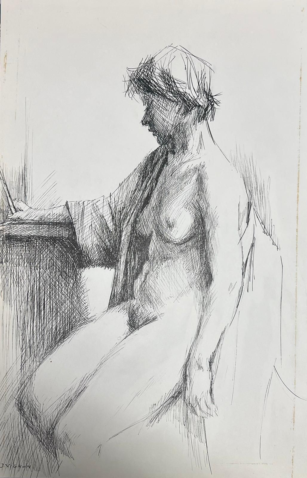Josine Vignonexpressive Pen And Ink Drawing Of A Seated Nude Woman French Sketch1950s