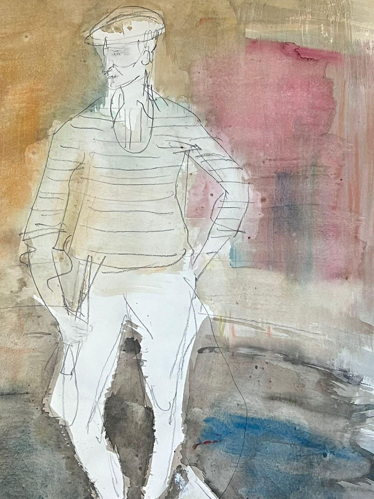 édouard Righetti (1924 2001)contemplative Figure With Dog Abstract Watercolor Sketch1950's photo for sale
