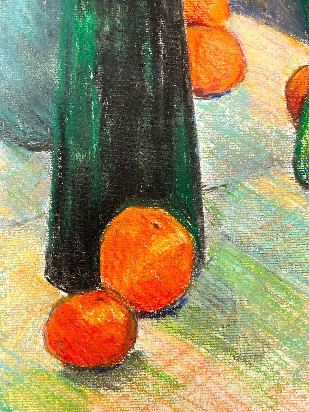 French Schoolcolorful Still Life Composition With Green Glass Vases And Fresh Orangesmid 20th Century photo for sale