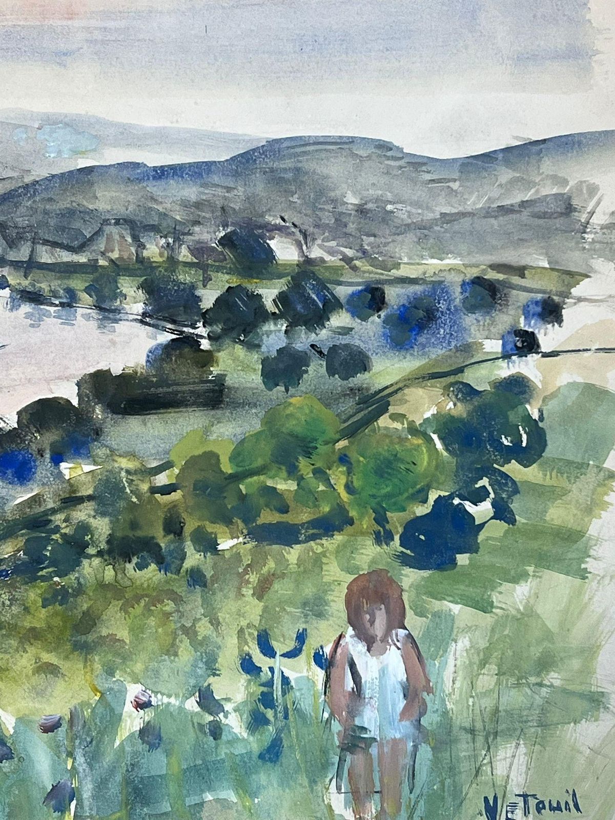 édouard Righetti (1924 2001)expansive River Valley Landscape With Figure Watercolor French Painting1950's photo vinterior