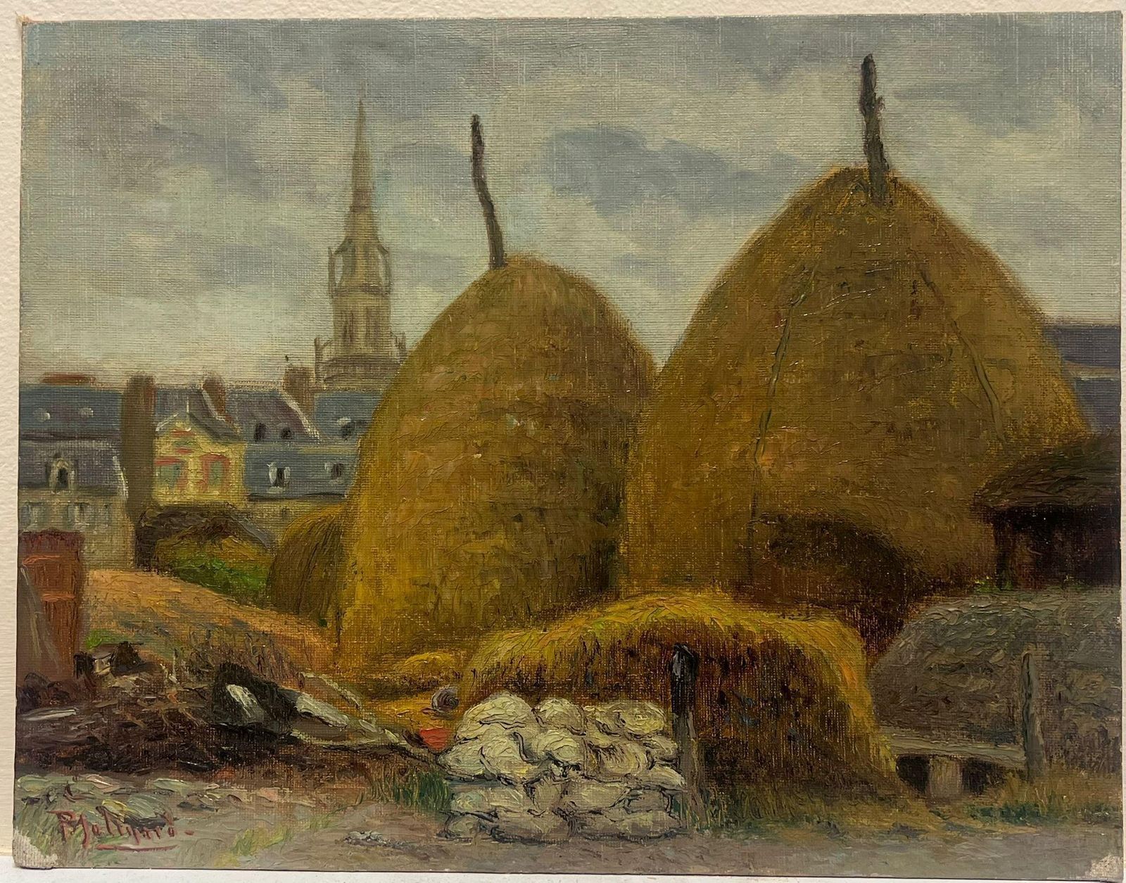 Paul Molinardhaystacks In A French Village Antique French Impressionist Oil Painting1900's photo furniture