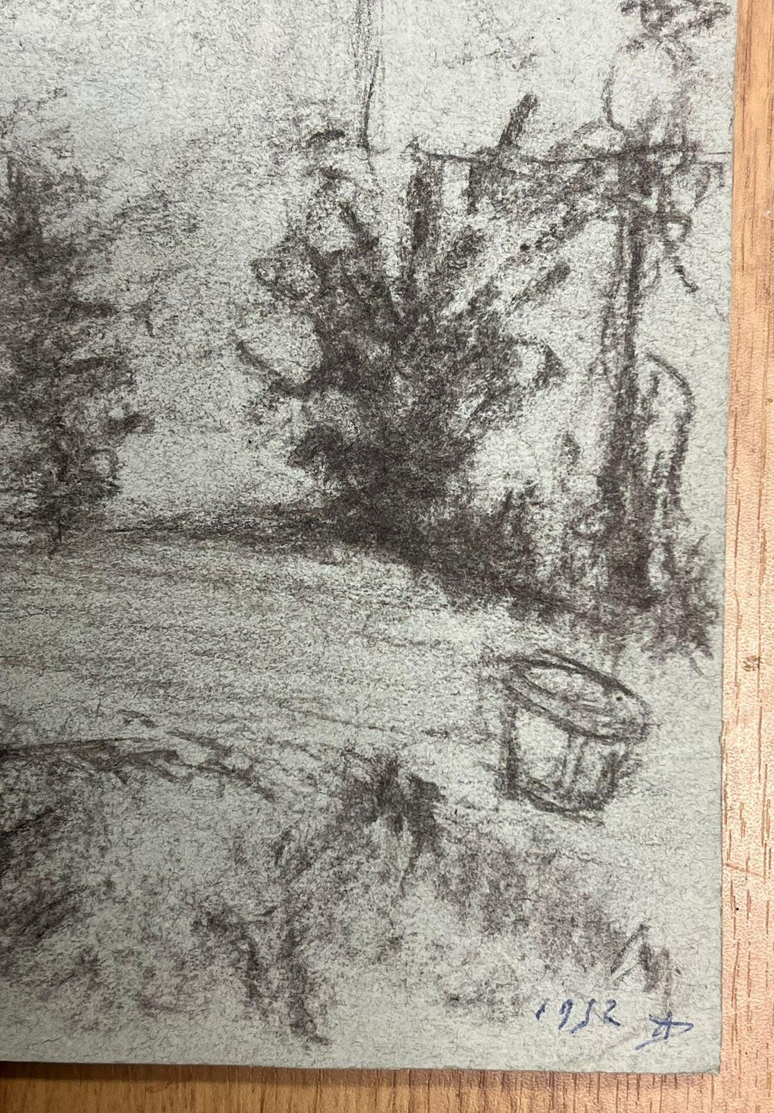 Regine Davidvintage Charcoal Drawing Of A Quaint Cottage Surrounded By Trees Landscape1954 photo for sale