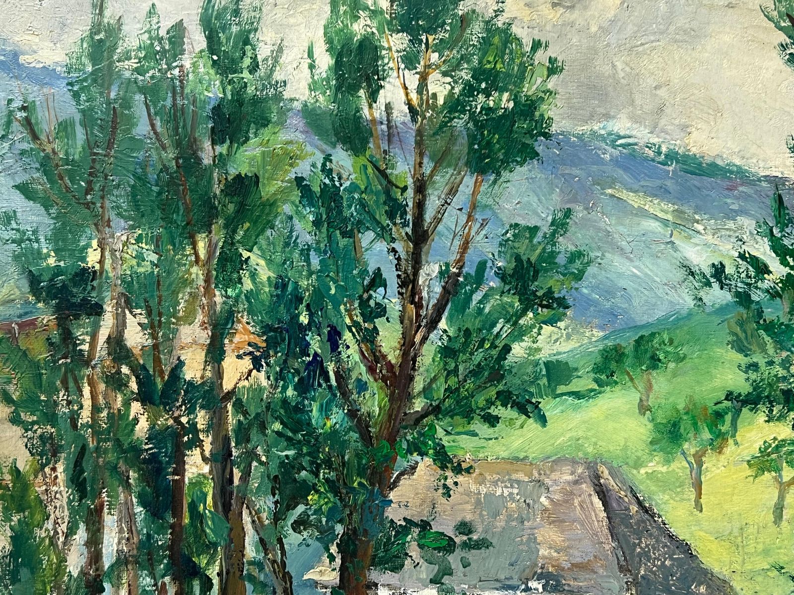 Regine Davidlush Green Landscape With Tall Trees Framing A Quaint Country House1950's photo for sale